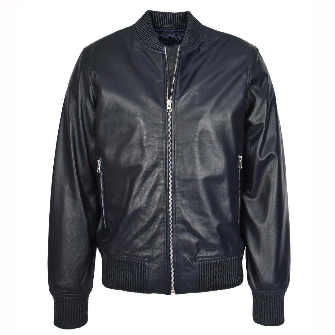 Mens Real Soft Leather Bomber Jacket MA-1 Varsity Style Torque Navy