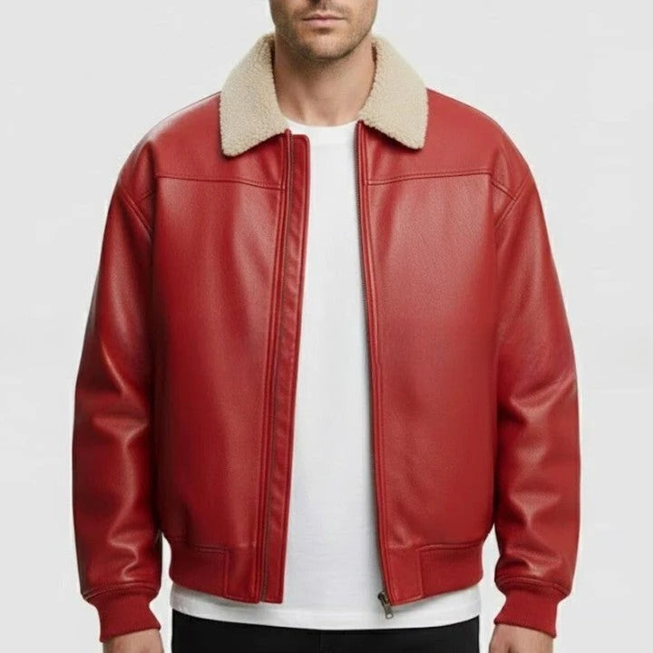 Mens Red Genuine Leather Bomber Jacket Shearling Collar Aviator Style