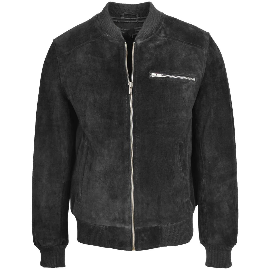 Mens Suede Bomber Varsity Jacket Reg Black