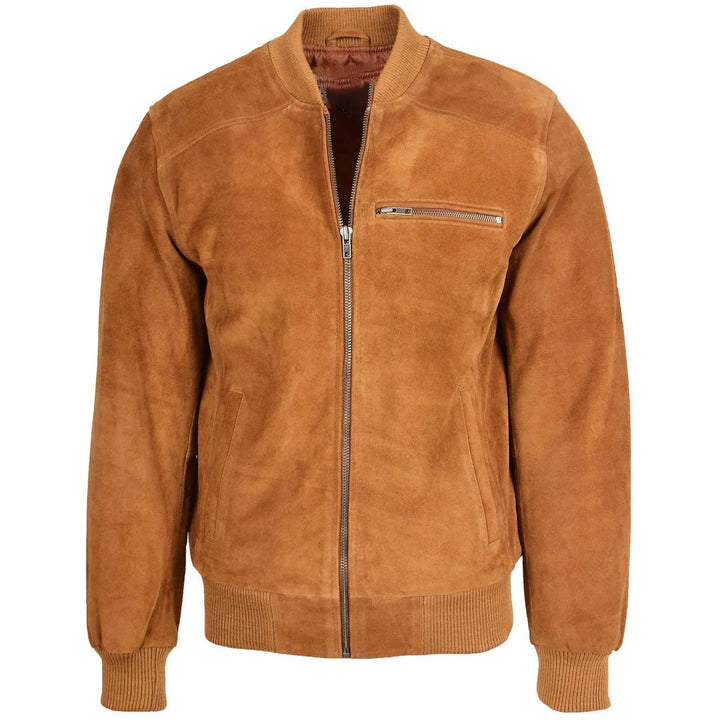 Mens Suede Bomber Varsity Jacket Reg Tan