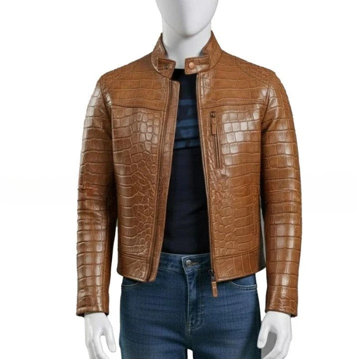 Mens Tan Brown Crocodile Embossed Genuine Leather Jacket