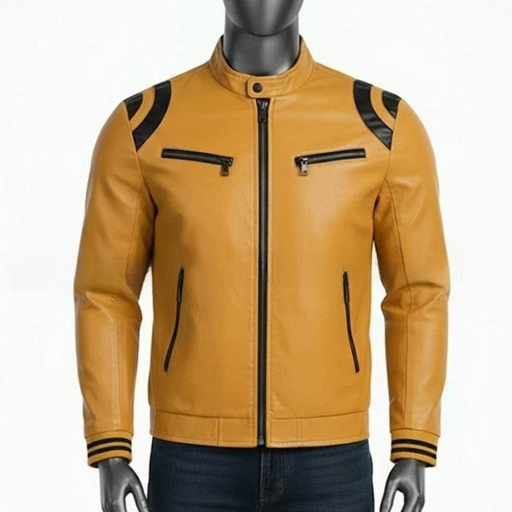 Mens Tan Genuine Leather Jacket High Neck Front Pockets