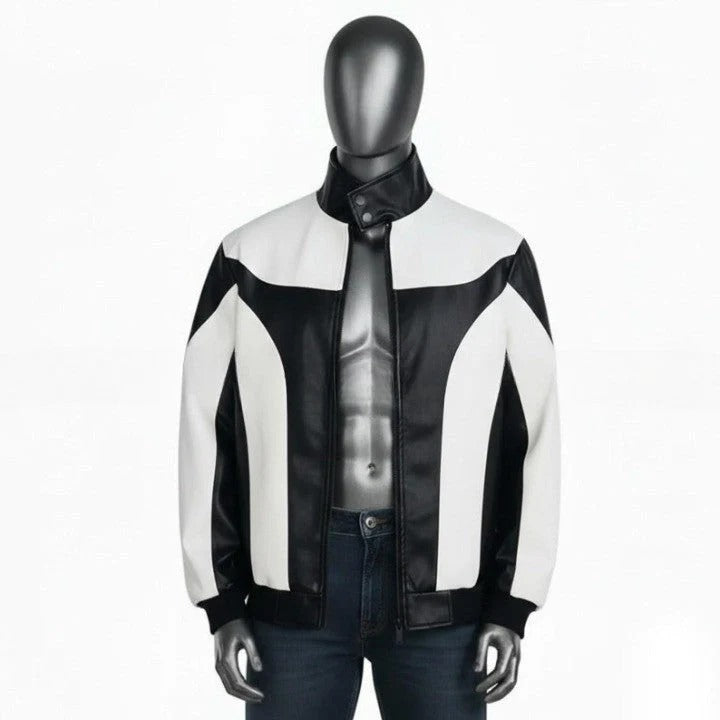 Mens TwoTone Genuine Leather Jacket Black White Street Style