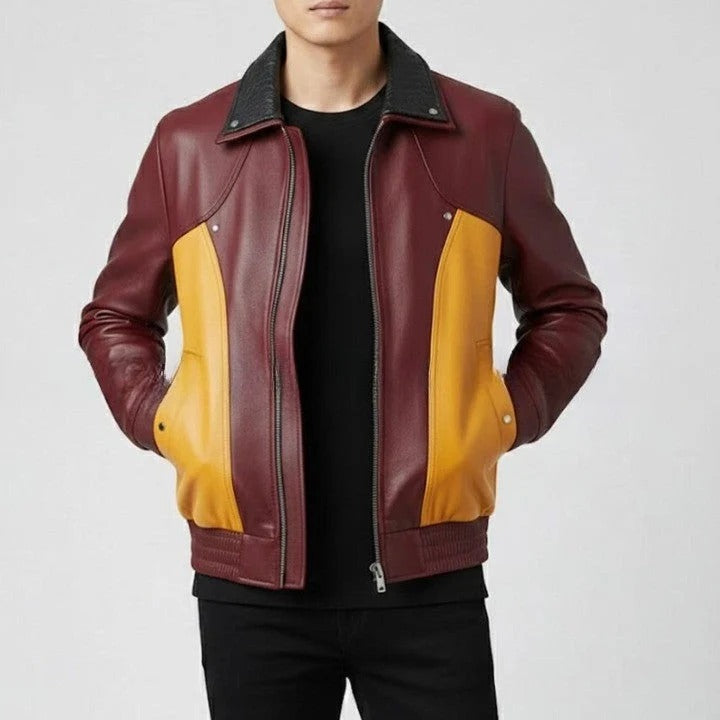 Mens Two Tone Leather Jacket Burgundy Mustard Zip Up Casual Retro Style Coat
