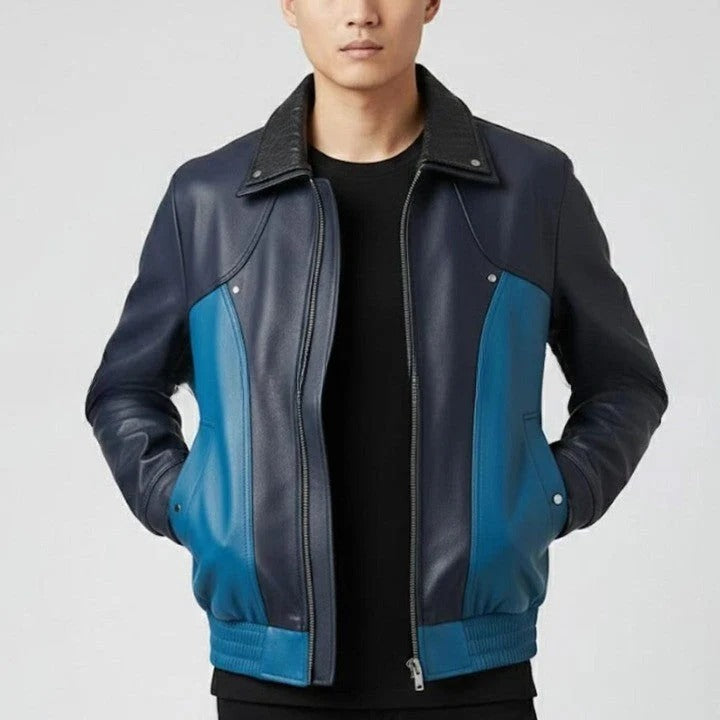 Mens Two Tone Leather Jacket Navy Teal Zip Up Casual Biker Style Coat