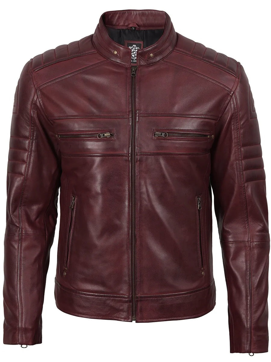 Mens Burgundy Cafe Racer Style Leather Jacket