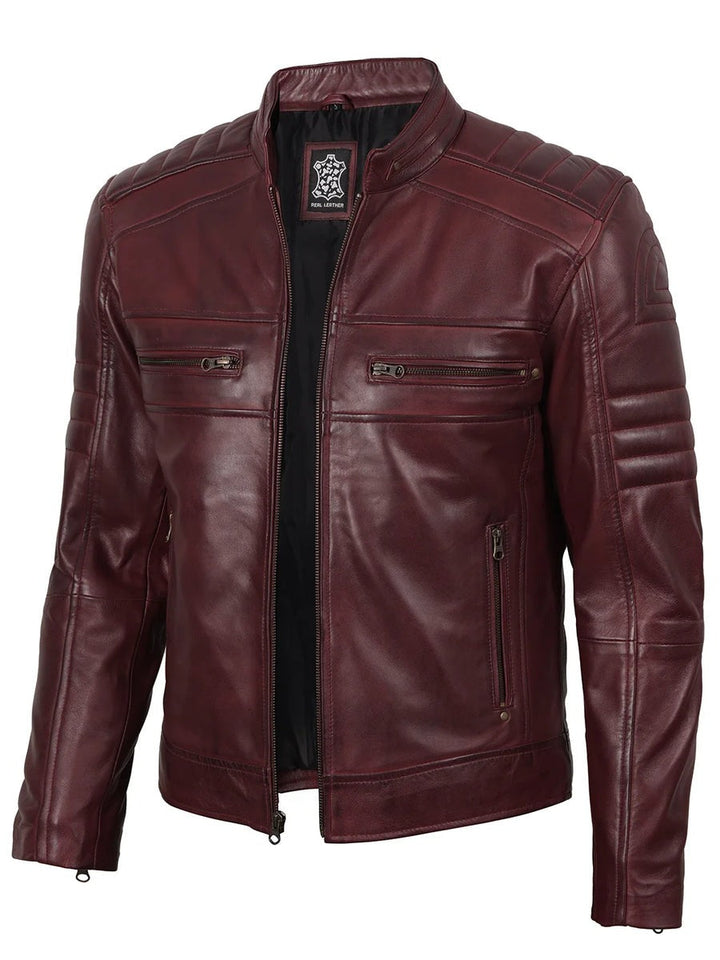 Mens Burgundy Cafe Racer Style Leather Jacket