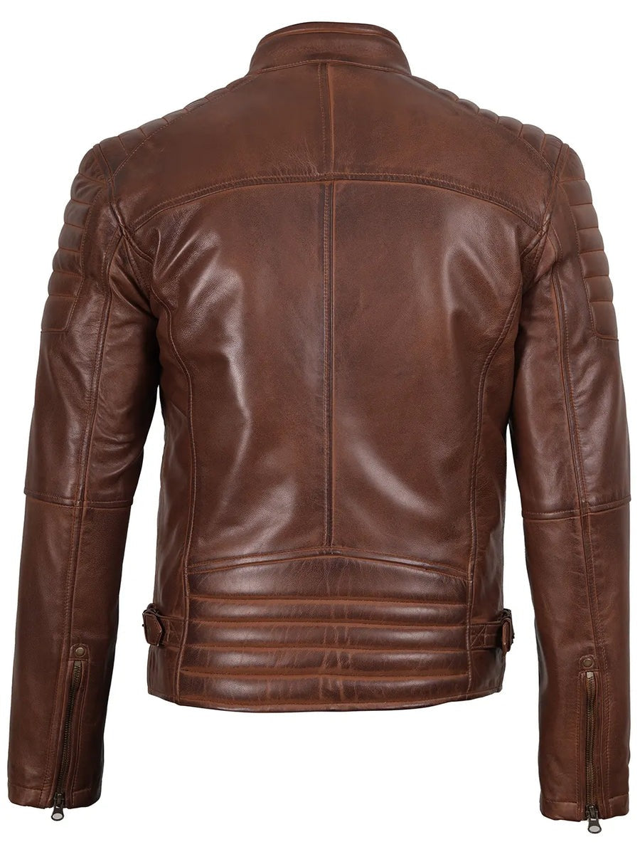 Mens Cognac Brown Cafe Racer Style Leather Jacket