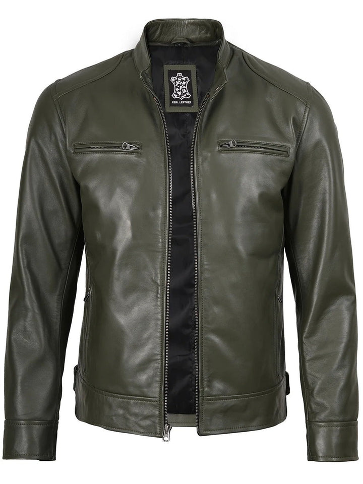 Real Leather Men's Green Cafe Racer Jacket