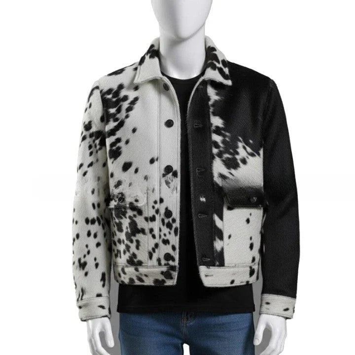 Mens HairOn Cowhide Leather Trucker Jacket Black and White Panel, Handmade
