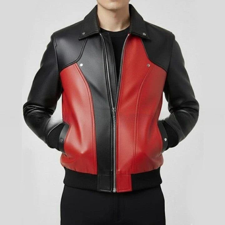 Mens Red and Black Leather Bomber Jacket Genuine Leather Zip Up Jacket Modern Two Tone Moto Style Coat Streetwear Biker Jacket Gift