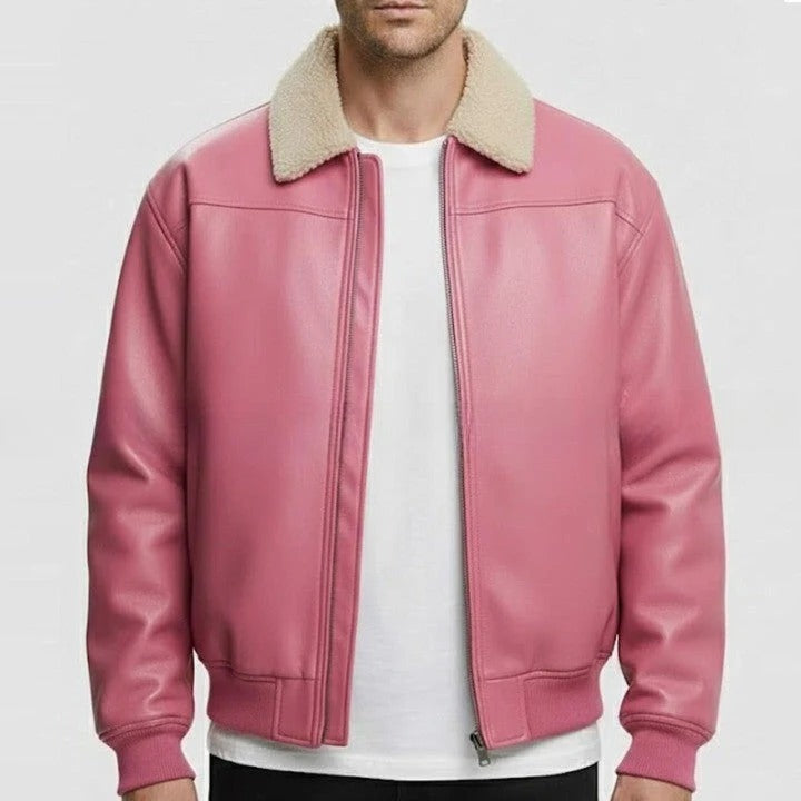 Pink Leather Jacket with Soft Shearling Collar for Men