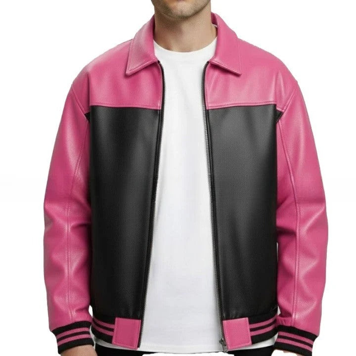 Pink and Black Mens Genuine Leather Jacket with Zip Front and Contrast Panel Styling