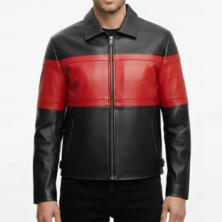 Red Stripe Black Leather Jacket for Men Modern Panel Design Zip Jacket