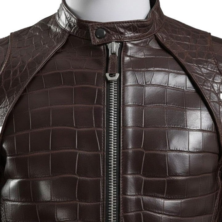 Textured Brown Leather Biker Jacket Croc Pattern Finish