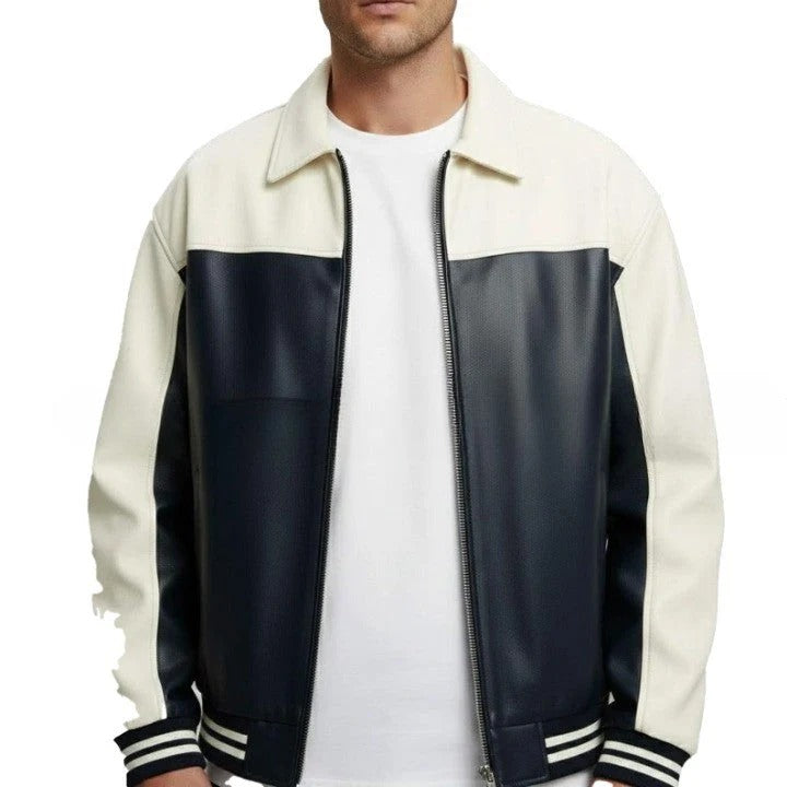 Two Tone Black and Cream Mens Leather Jacket with Front Zip and Ribbed Cuffs