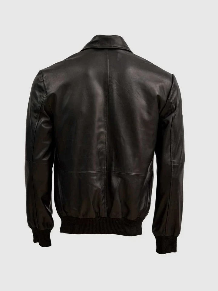 Men’s Classic Black Genuine Leather Bomber Jacket