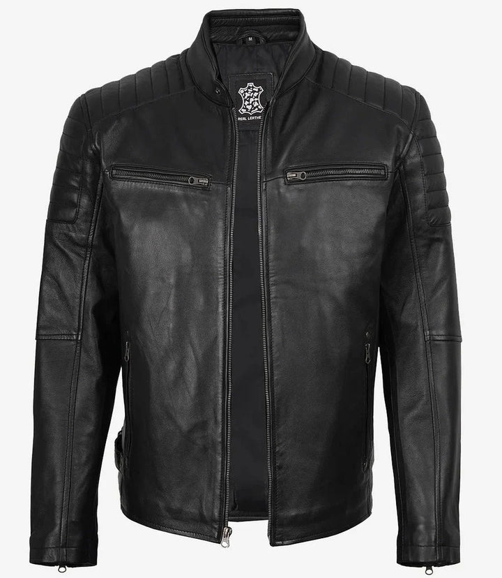 Men’s Black Cafe Racer Leather Jacket with Padded Shoulders