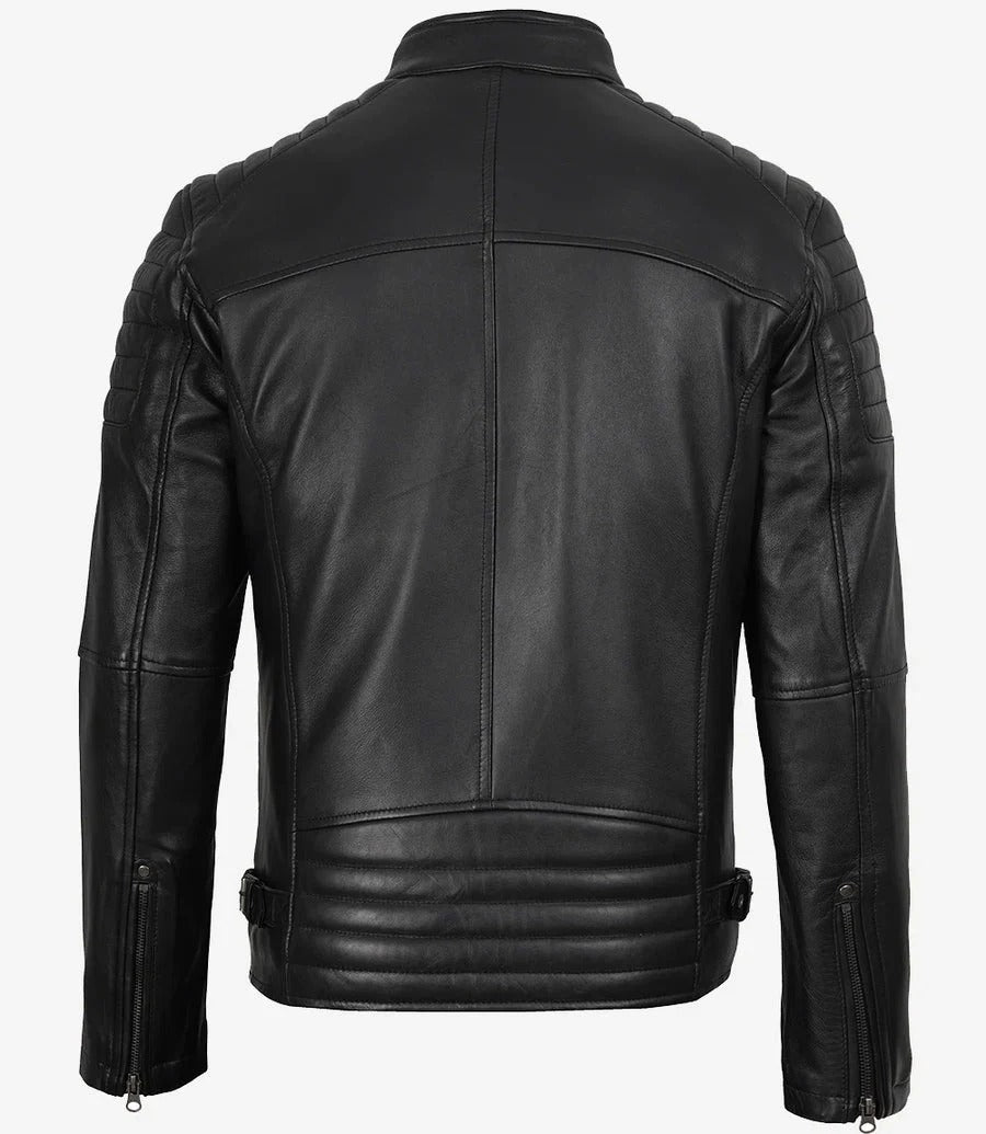 Men’s Black Cafe Racer Leather Jacket with Padded Shoulders