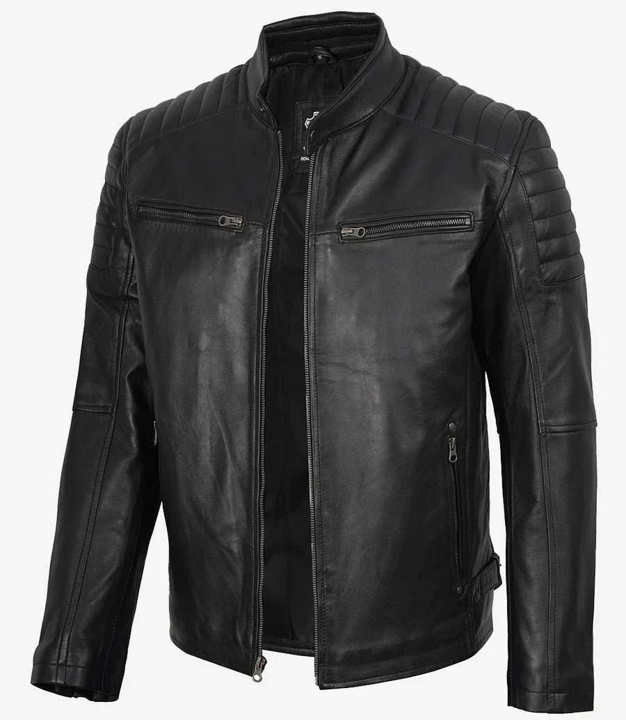 Men’s Black Cafe Racer Leather Jacket with Padded Shoulders