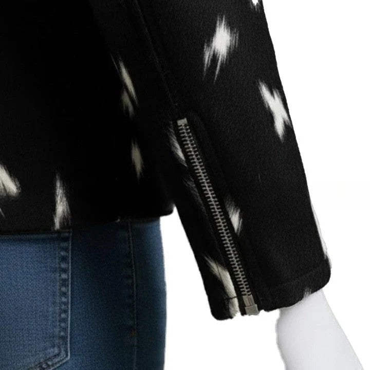 Mens Black and White Pattern Leather Jacket with Front Zip Modern Minimalist Casual Outerwear
