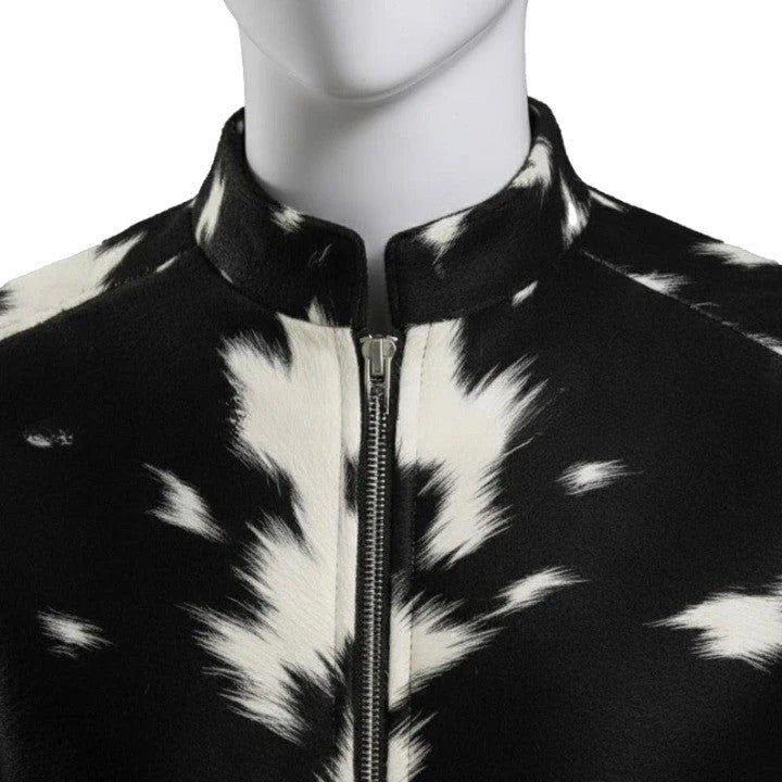 Mens Black and White Pattern Leather Jacket with Front Zip Modern Minimalist Casual Outerwear