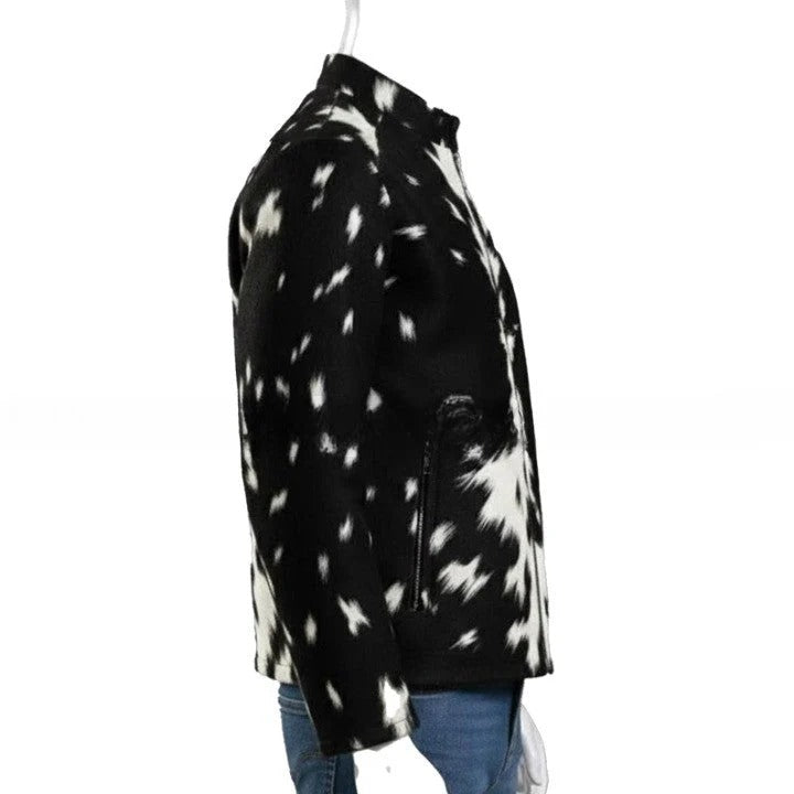 Mens Black and White Pattern Leather Jacket with Front Zip Modern Minimalist Casual Outerwear
