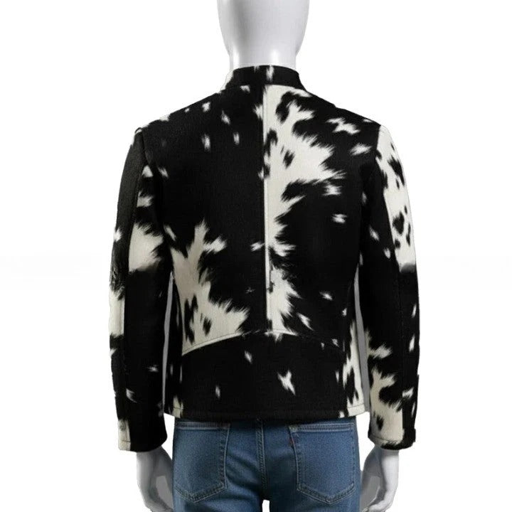 Mens Black and White Pattern Leather Jacket with Front Zip Modern Minimalist Casual Outerwear