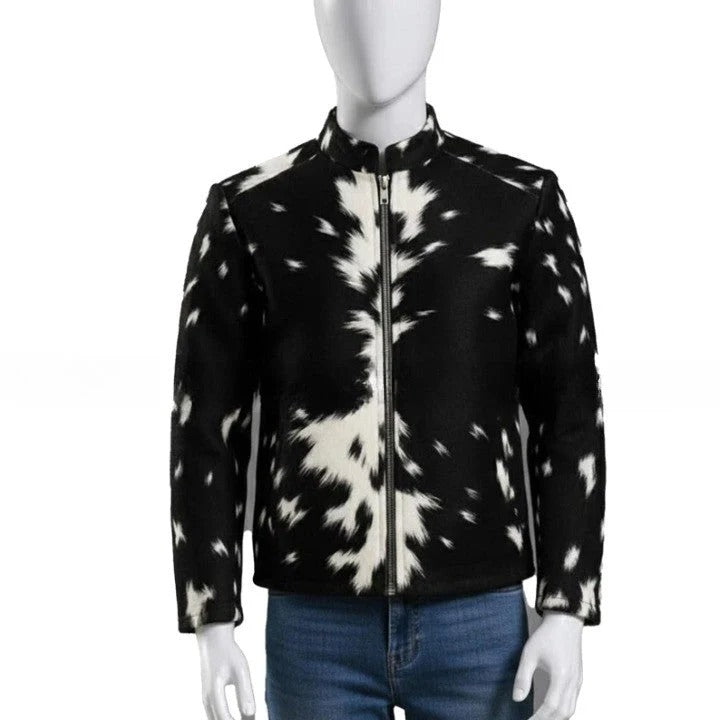 Mens Black and White Pattern Leather Jacket with Front Zip Modern Minimalist Casual Outerwear