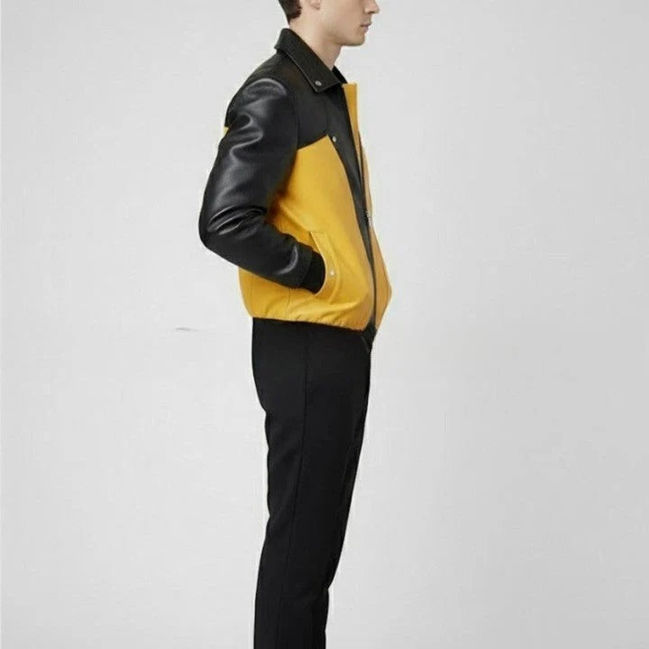 Mens Yellow and Black Leather Jacket Color Block Genuine Leather Bomber Modern Zip Up Moto Jacket Stylish Streetwear Outerwear Gift