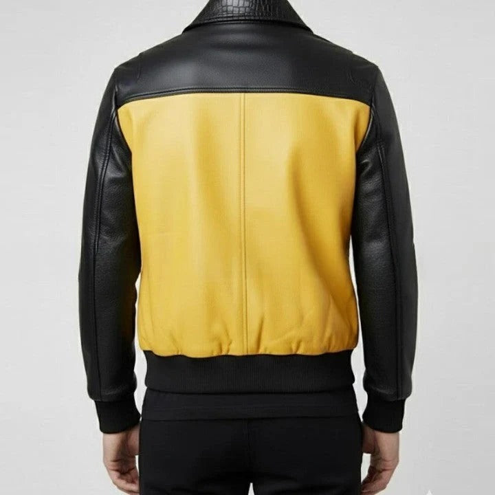 Mens Yellow and Black Leather Jacket Color Block Genuine Leather Bomber Modern Zip Up Moto Jacket Stylish Streetwear Outerwear Gift