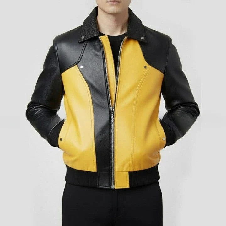 Mens Yellow and Black Leather Jacket Color Block Genuine Leather Bomber Modern Zip Up Moto Jacket Stylish Streetwear Outerwear Gift