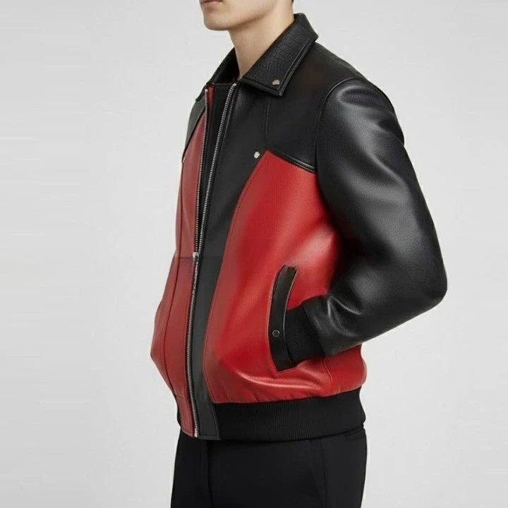 Mens Red and Black Leather Bomber Jacket Genuine Leather Zip Up Jacket Modern Two Tone Moto Style Coat Streetwear Biker Jacket Gift