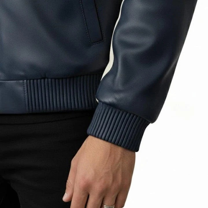 Mens Genuine Leather Bomber Jacket Navy Red Cream Panel Design