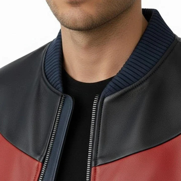 Mens Genuine Leather Bomber Jacket Navy Red Cream Panel Design