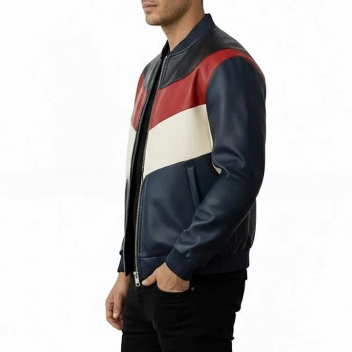 Mens Genuine Leather Bomber Jacket Navy Red Cream Panel Design
