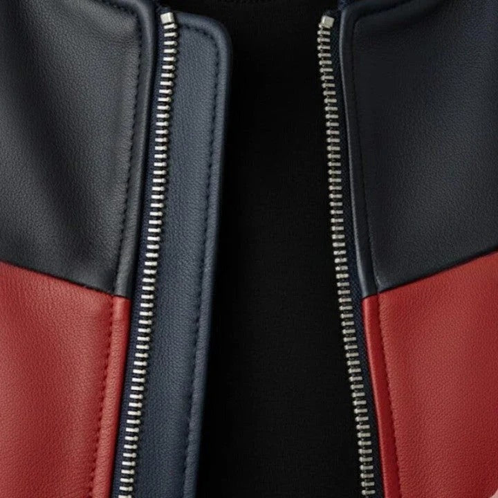 Mens Genuine Leather Bomber Jacket Navy Red Cream Panel Design