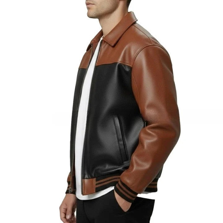 Men’s Brown & Black Leather Bomber Jacket – Classic Contrast Zip-Up Style