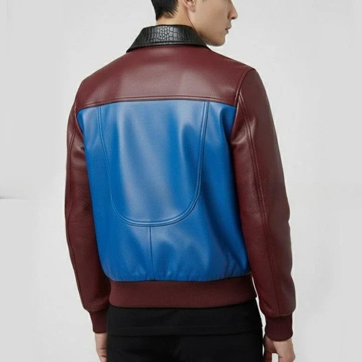 Mens Burgundy and Blue Leather Jacket Color Block Genuine Leather Bomber Jacket Modern Zip Front Moto Jacket Stylish Streetwear Gift -