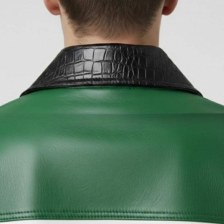 Mens Green and White Leather Jacket Color Block Genuine Leather Bomber Jacket Modern Zip Up Casual Moto Jacket Trendy Street Style Coat