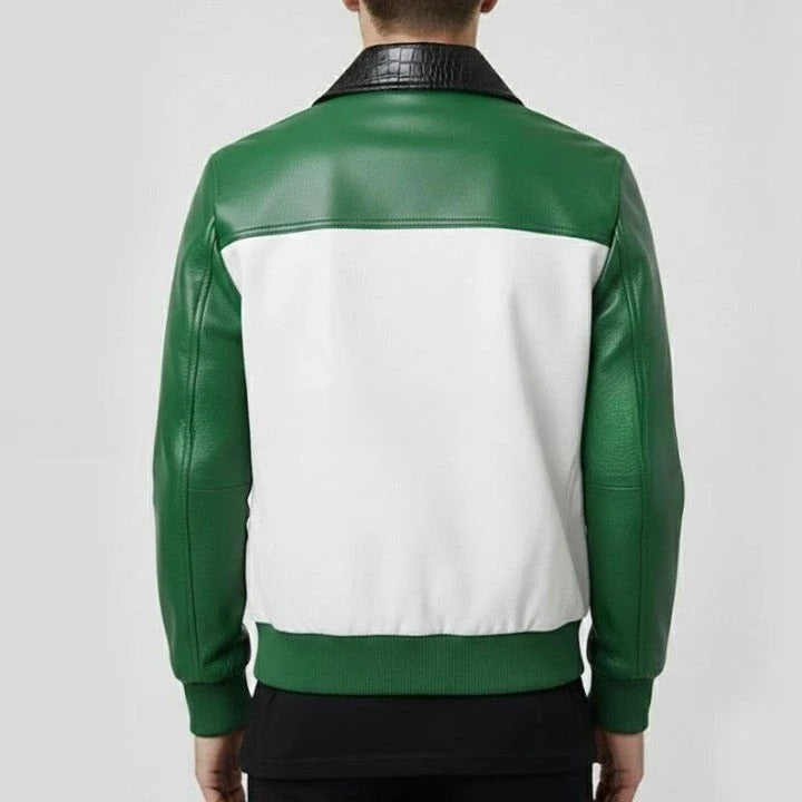 Mens Green and White Leather Jacket Color Block Genuine Leather Bomber Jacket Modern Zip Up Casual Moto Jacket Trendy Street Style Coat