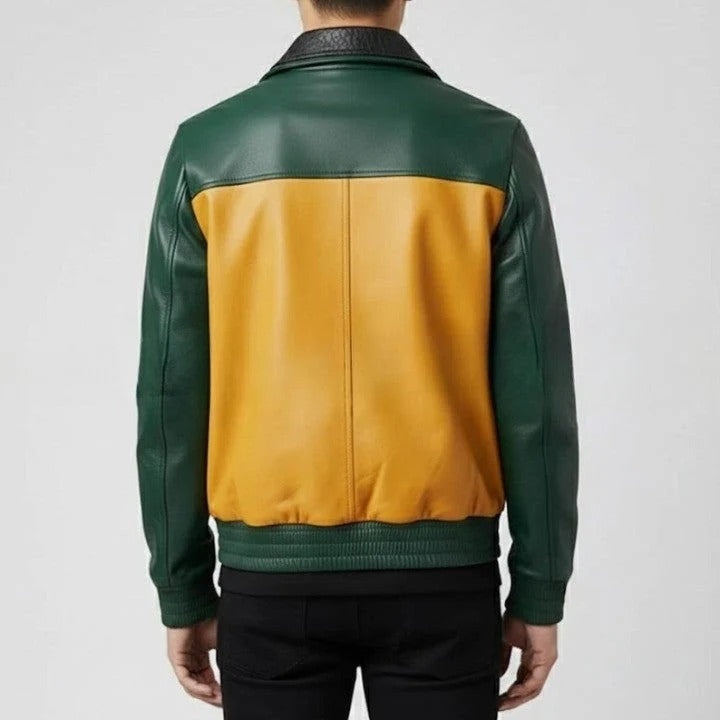 Mens Genuine Leather Bomber Jacket Green Mustard Two Tone Casual Outerwear