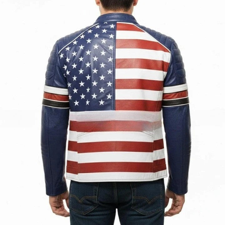 Genuine Leather TwoTone Panel Jacket with Star and Stripe Style Detailing