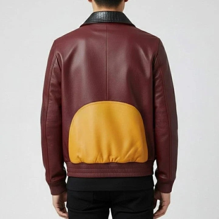 Mens Two Tone Leather Jacket Burgundy Mustard Zip Up Casual Retro Style Coat