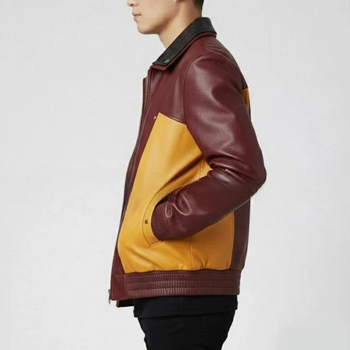 Mens Two Tone Leather Jacket Burgundy Mustard Zip Up Casual Retro Style Coat