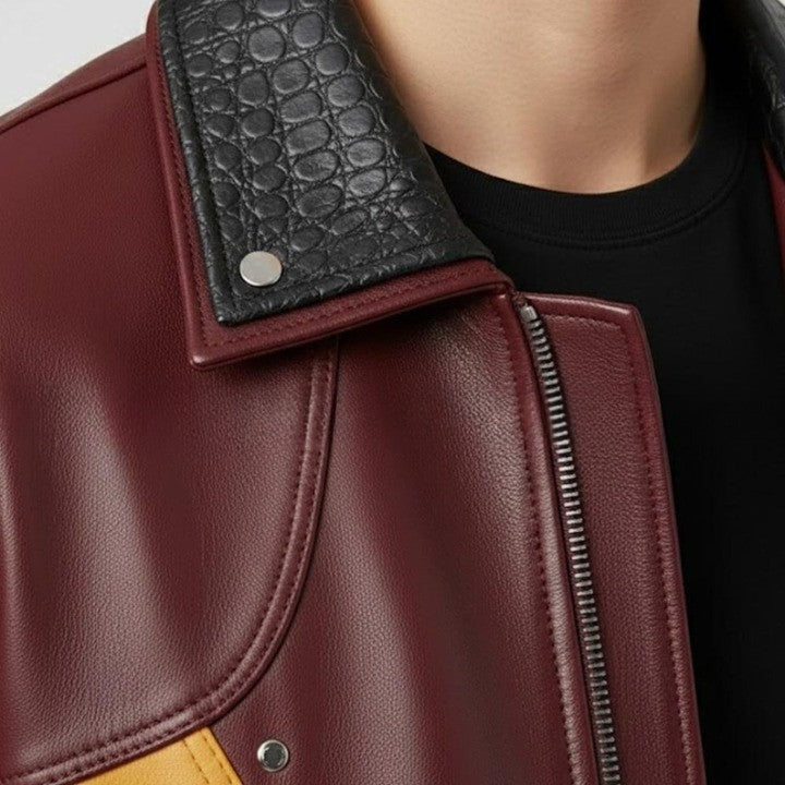 Mens Two Tone Leather Jacket Burgundy Mustard Zip Up Casual Retro Style Coat