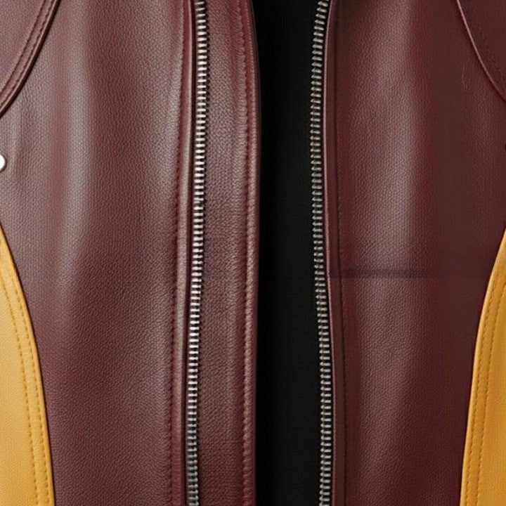 Mens Two Tone Leather Jacket Burgundy Mustard Zip Up Casual Retro Style Coat