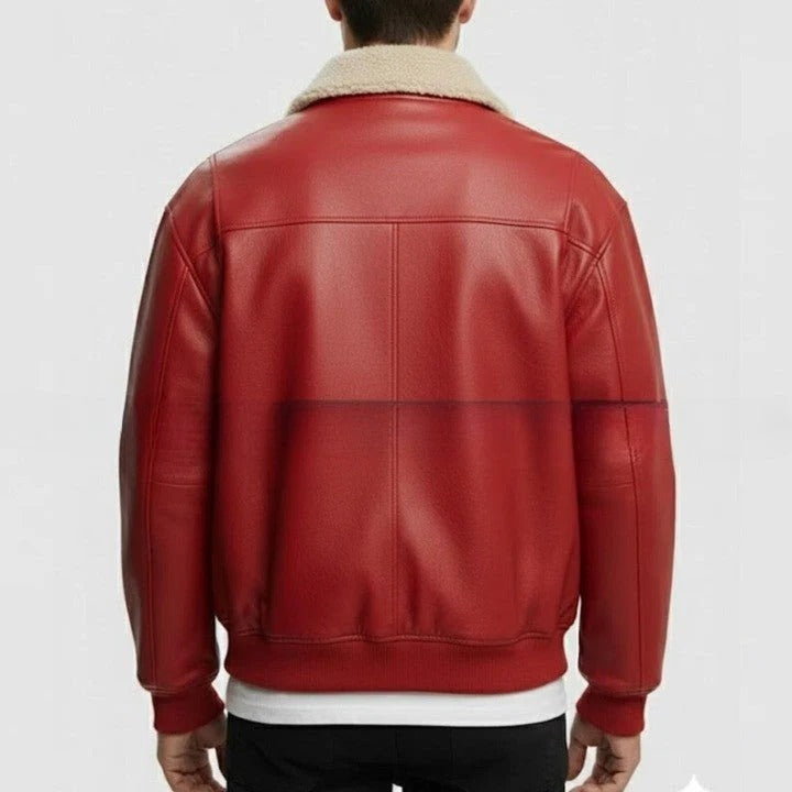 Mens Red Genuine Leather Bomber Jacket Shearling Collar Aviator Style