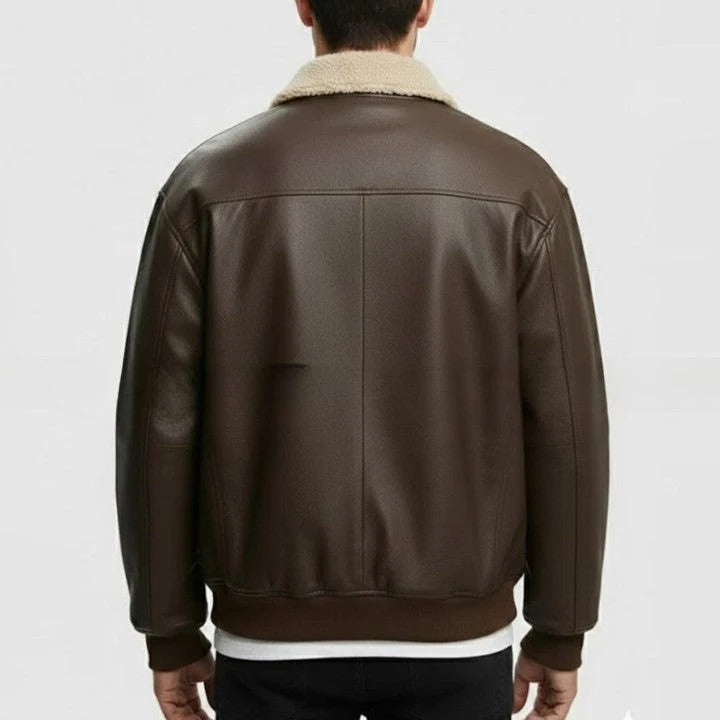Mens Brown Genuine Leather Bomber Jacket Sherpa Collar Aviator Style