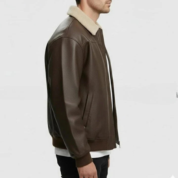 Mens Brown Genuine Leather Bomber Jacket Sherpa Collar Aviator Style